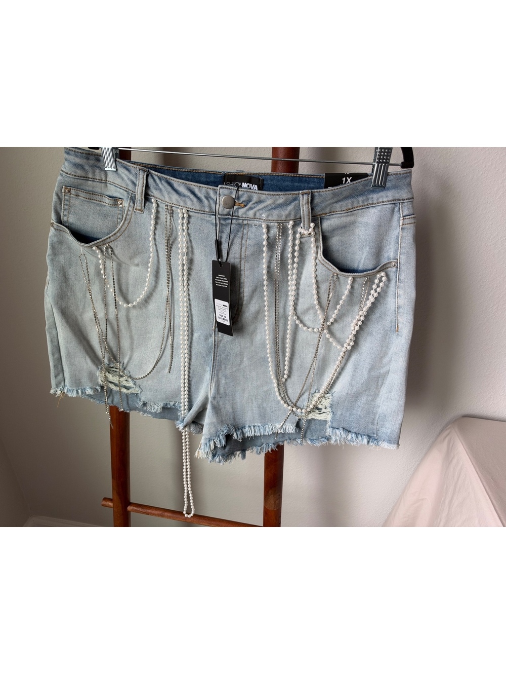 Fashion Nova Material Girl World Embellished Denim Shorts Size 1X Light Blue